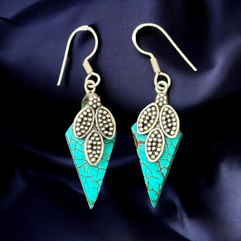 VTG Artisan Crafted Turquoise Spear Sterling Silver Dangle Earrings Stamped 925